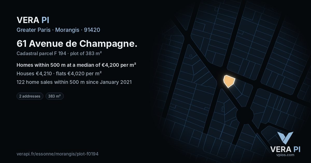 61 Avenue de Champagne, Morangis at night – the plot lit, the parcels around coloured by the prices near them