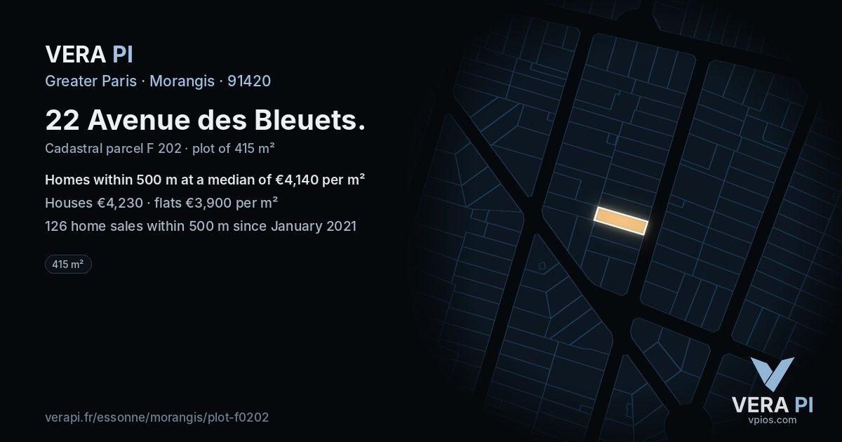 22 Avenue des Bleuets, Morangis at night – the plot lit, the parcels around coloured by the prices near them