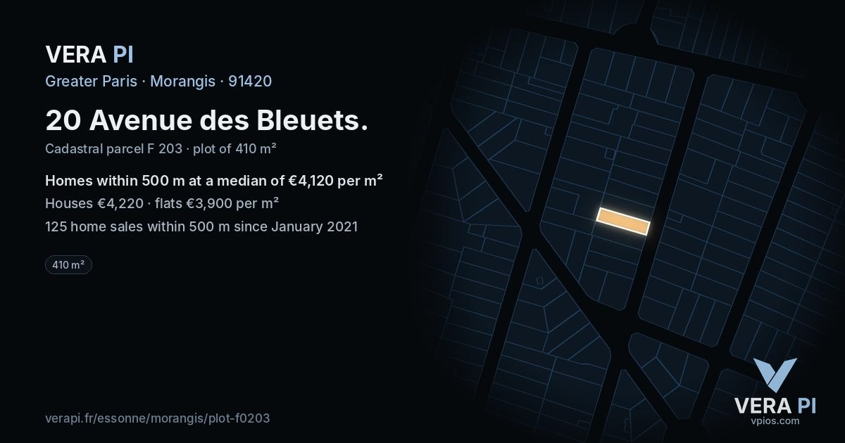 20 Avenue des Bleuets, Morangis at night – the plot lit, the parcels around coloured by the prices near them