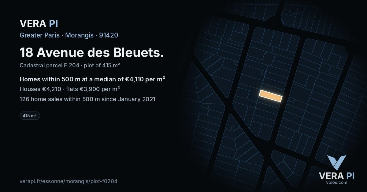 18 Avenue des Bleuets, Morangis at night – the plot lit, the parcels around coloured by the prices near them