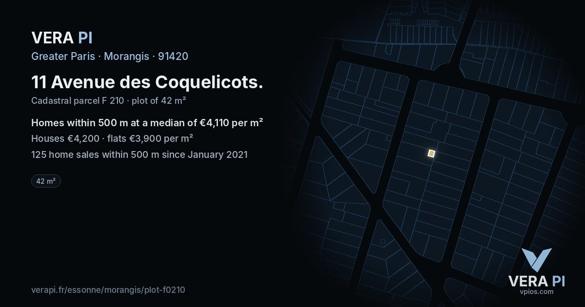 11 Avenue des Coquelicots, Morangis at night – the plot lit, the parcels around coloured by the prices near them