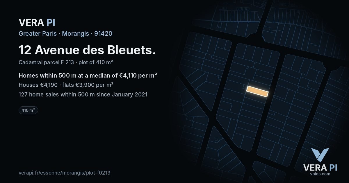 12 Avenue des Bleuets, Morangis at night – the plot lit, the parcels around coloured by the prices near them