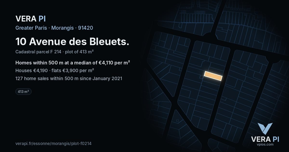 10 Avenue des Bleuets, Morangis at night – the plot lit, the parcels around coloured by the prices near them
