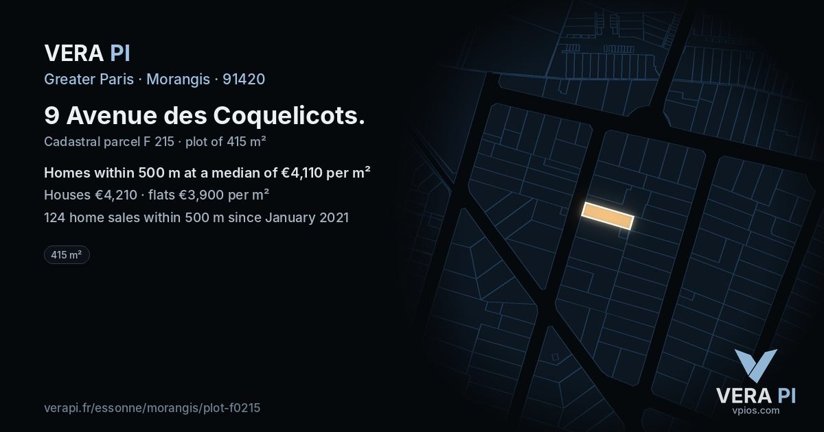 9 Avenue des Coquelicots, Morangis at night – the plot lit, the parcels around coloured by the prices near them