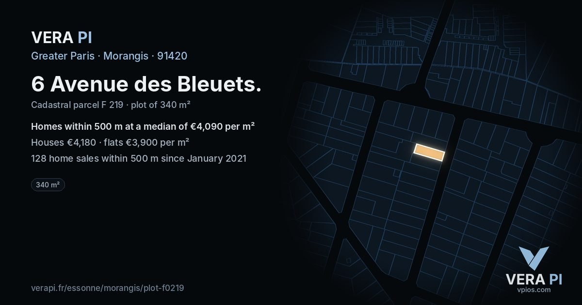 6 Avenue des Bleuets, Morangis at night – the plot lit, the parcels around coloured by the prices near them