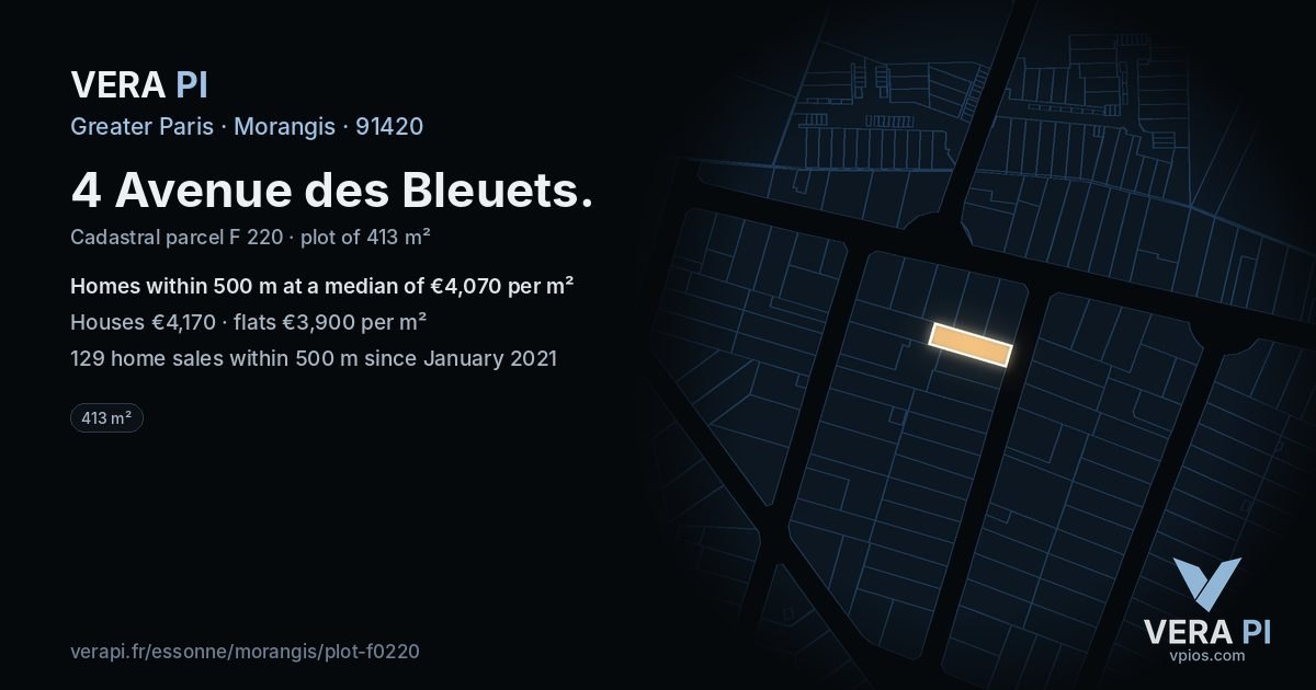 4 Avenue des Bleuets, Morangis at night – the plot lit, the parcels around coloured by the prices near them