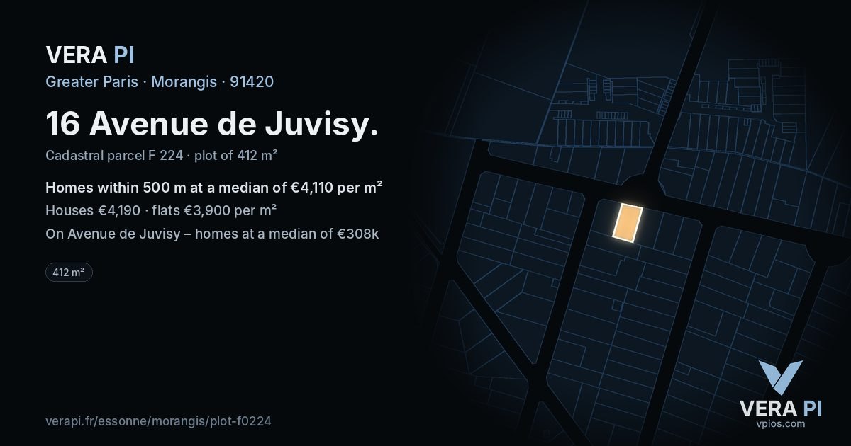 16 Avenue de Juvisy, Morangis at night – the plot lit, the parcels around coloured by the prices near them