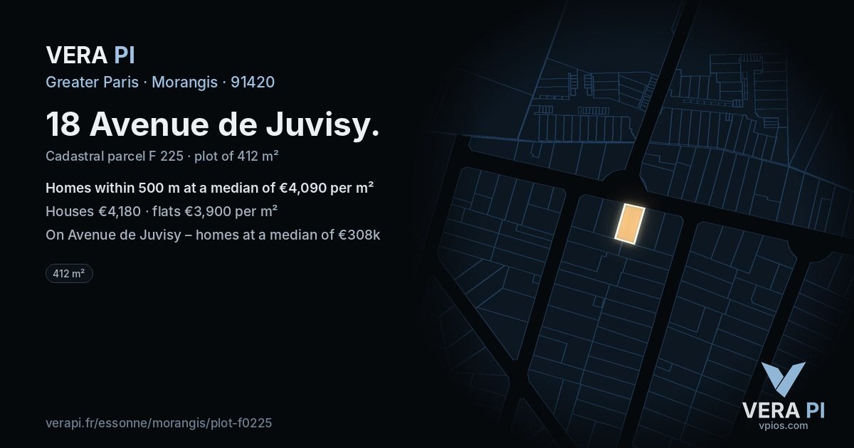18 Avenue de Juvisy, Morangis at night – the plot lit, the parcels around coloured by the prices near them