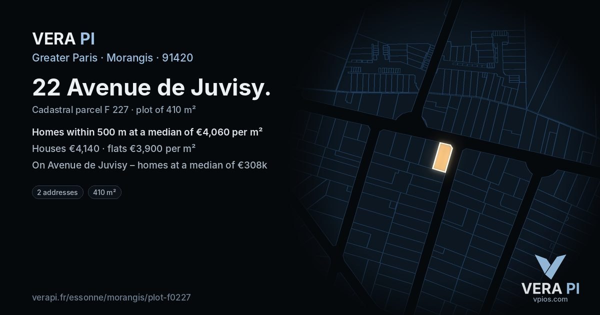 22 Avenue de Juvisy, Morangis at night – the plot lit, the parcels around coloured by the prices near them