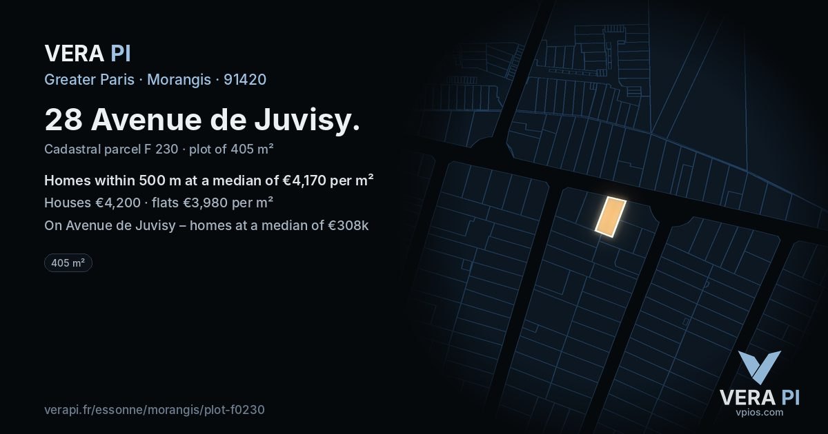28 Avenue de Juvisy, Morangis at night – the plot lit, the parcels around coloured by the prices near them