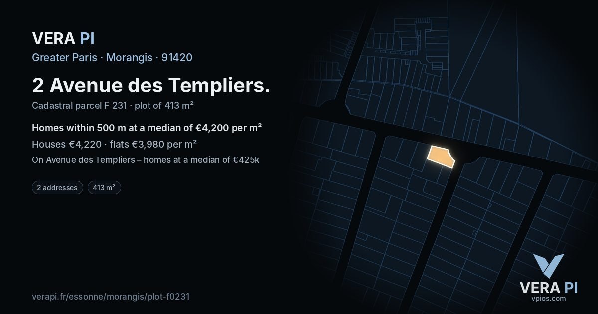 2 Avenue des Templiers, Morangis at night – the plot lit, the parcels around coloured by the prices near them