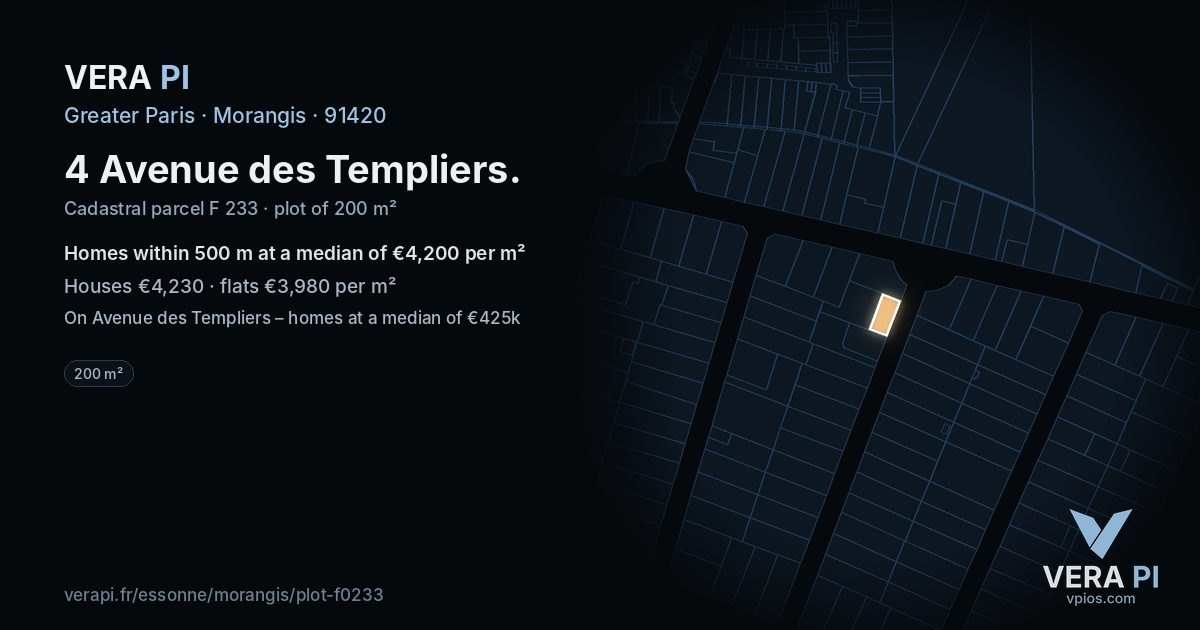 4 Avenue des Templiers, Morangis at night – the plot lit, the parcels around coloured by the prices near them