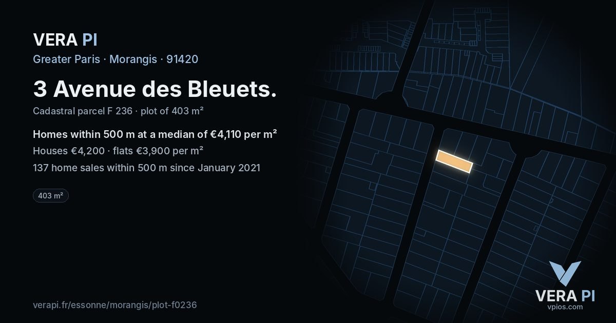 3 Avenue des Bleuets, Morangis at night – the plot lit, the parcels around coloured by the prices near them