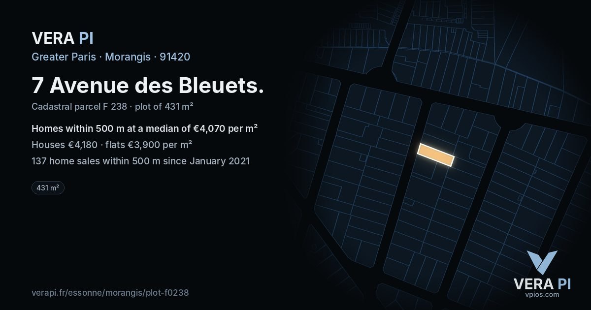 7 Avenue des Bleuets, Morangis at night – the plot lit, the parcels around coloured by the prices near them