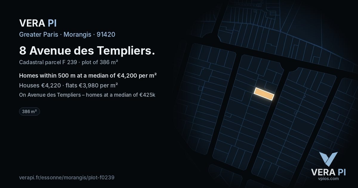 8 Avenue des Templiers, Morangis at night – the plot lit, the parcels around coloured by the prices near them