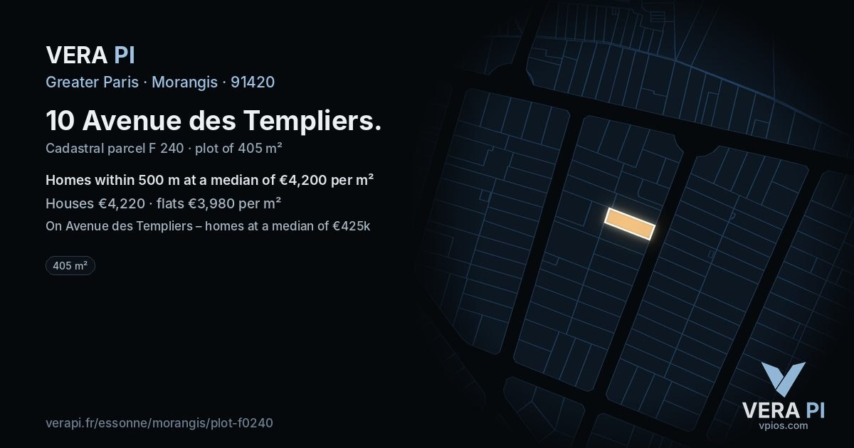 10 Avenue des Templiers, Morangis at night – the plot lit, the parcels around coloured by the prices near them