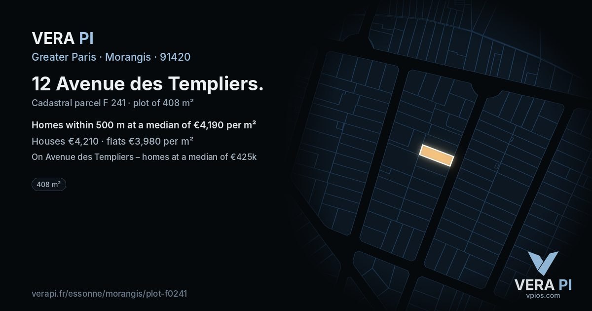 12 Avenue des Templiers, Morangis at night – the plot lit, the parcels around coloured by the prices near them