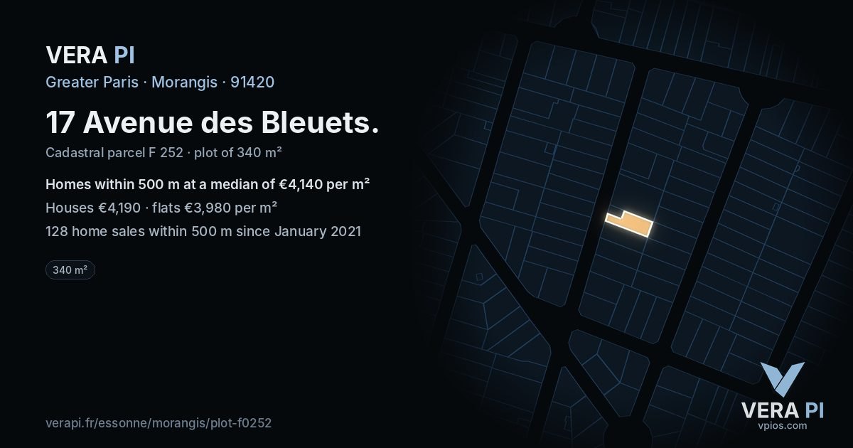 17 Avenue des Bleuets, Morangis at night – the plot lit, the parcels around coloured by the prices near them