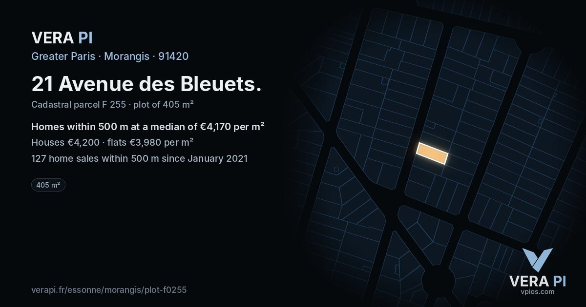 21 Avenue des Bleuets, Morangis at night – the plot lit, the parcels around coloured by the prices near them