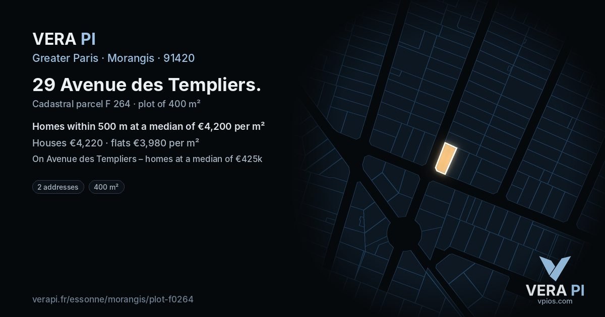 29 Avenue des Templiers, Morangis at night – the plot lit, the parcels around coloured by the prices near them