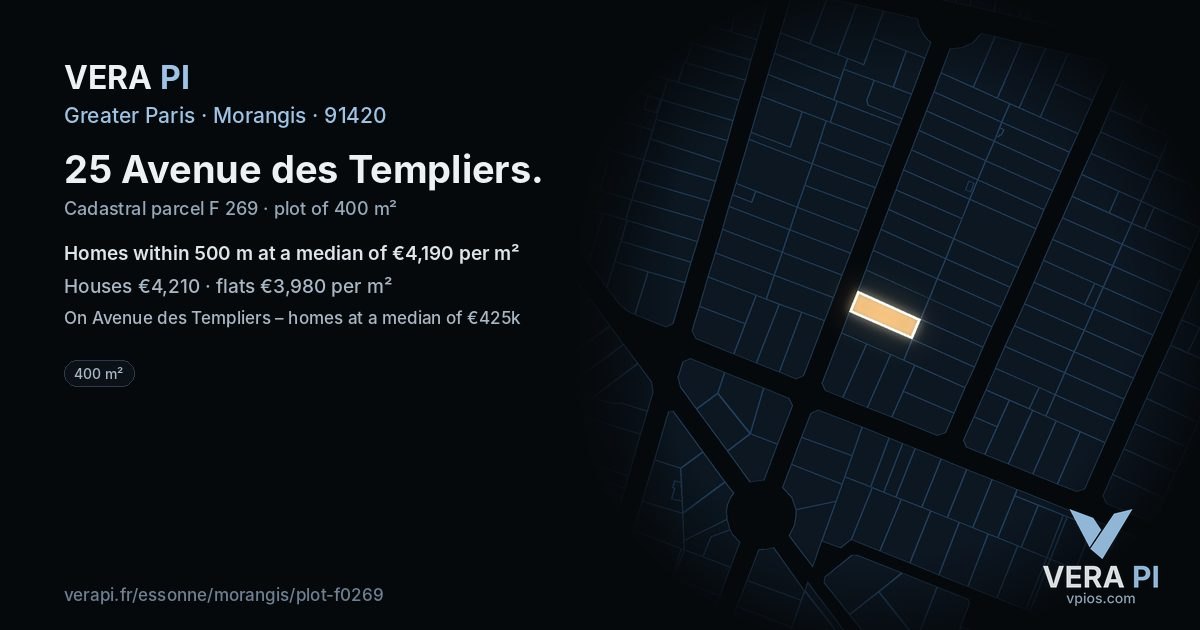 25 Avenue des Templiers, Morangis at night – the plot lit, the parcels around coloured by the prices near them