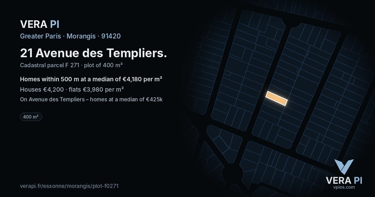 21 Avenue des Templiers, Morangis at night – the plot lit, the parcels around coloured by the prices near them