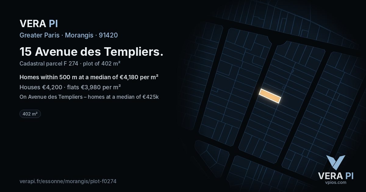 15 Avenue des Templiers, Morangis at night – the plot lit, the parcels around coloured by the prices near them
