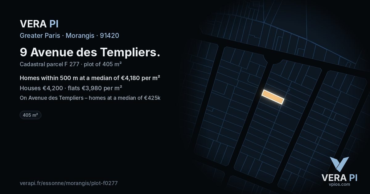 9 Avenue des Templiers, Morangis at night – the plot lit, the parcels around coloured by the prices near them