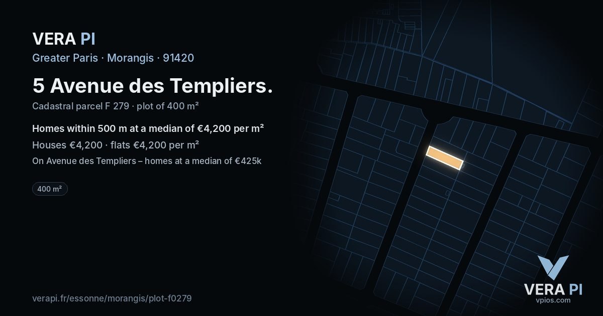 5 Avenue des Templiers, Morangis at night – the plot lit, the parcels around coloured by the prices near them