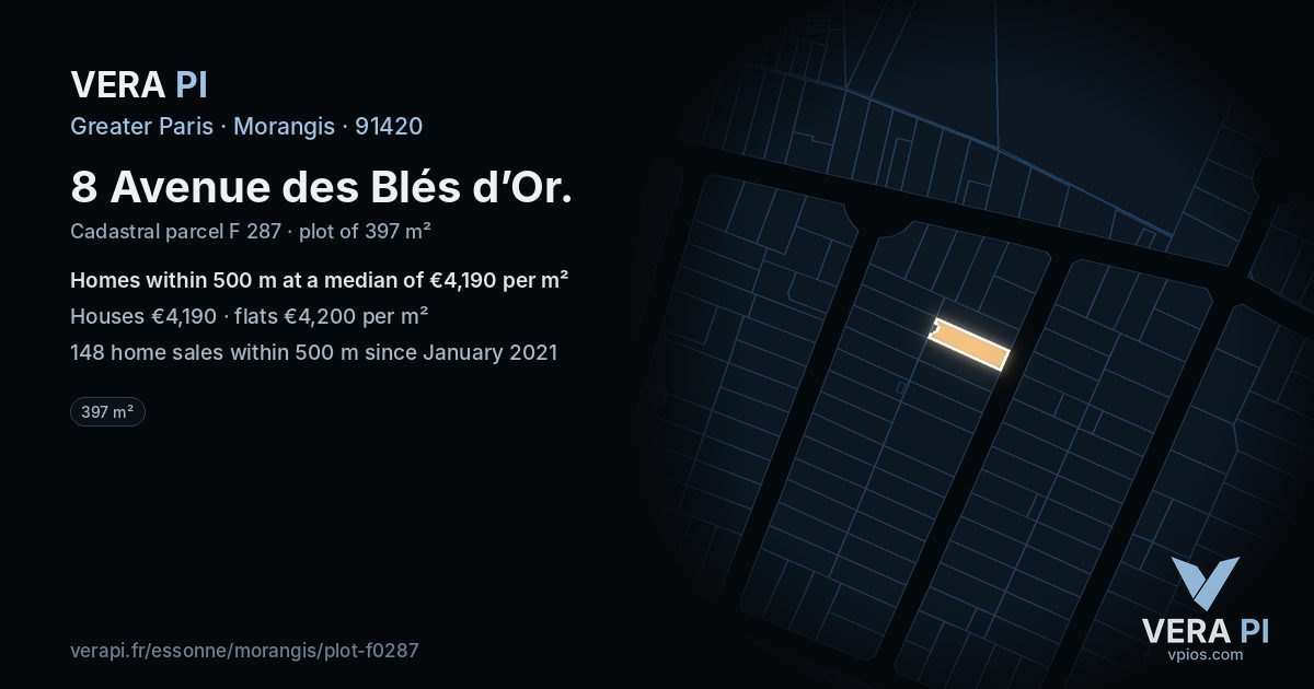 8 Avenue des Blés d’Or, Morangis at night – the plot lit, the parcels around coloured by the prices near them