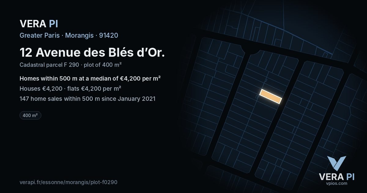 12 Avenue des Blés d’Or, Morangis at night – the plot lit, the parcels around coloured by the prices near them