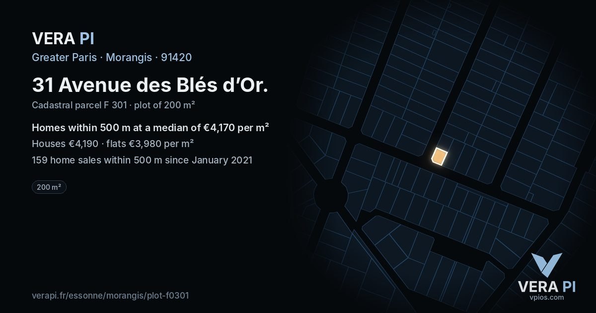 31 Avenue des Blés d’Or, Morangis at night – the plot lit, the parcels around coloured by the prices near them