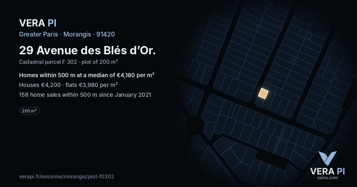 29 Avenue des Blés d’Or, Morangis at night – the plot lit, the parcels around coloured by the prices near them