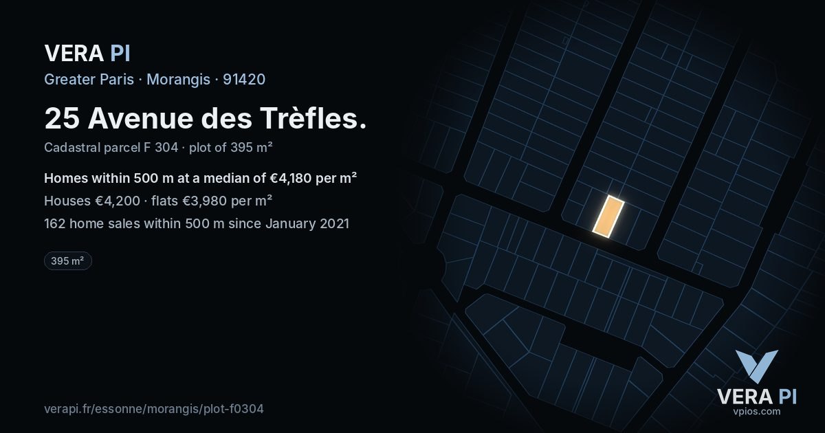 25 Avenue des Trèfles, Morangis at night – the plot lit, the parcels around coloured by the prices near them