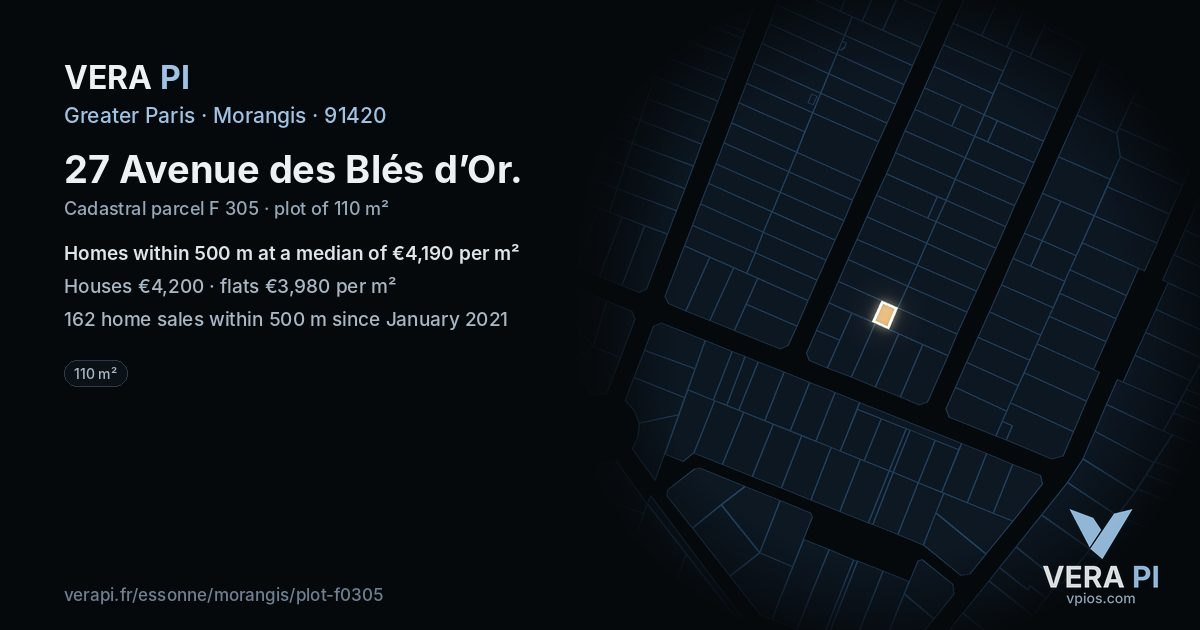 27 Avenue des Blés d’Or, Morangis at night – the plot lit, the parcels around coloured by the prices near them