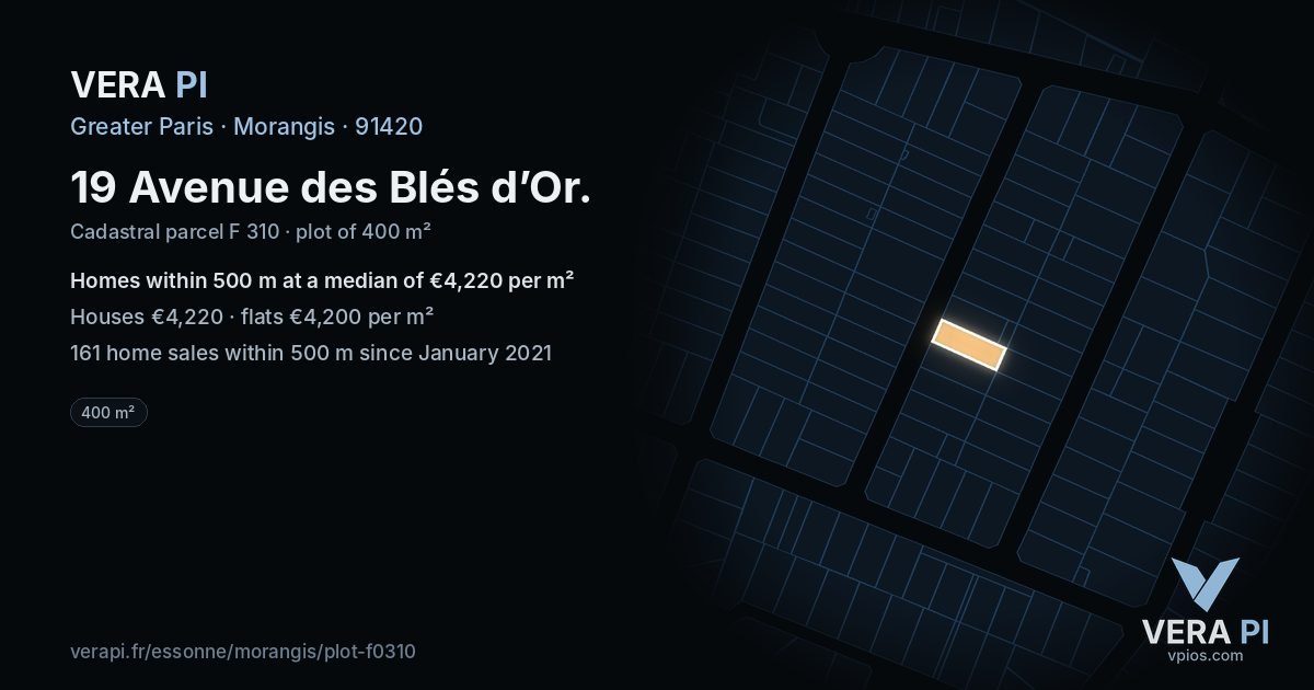 19 Avenue des Blés d’Or, Morangis at night – the plot lit, the parcels around coloured by the prices near them