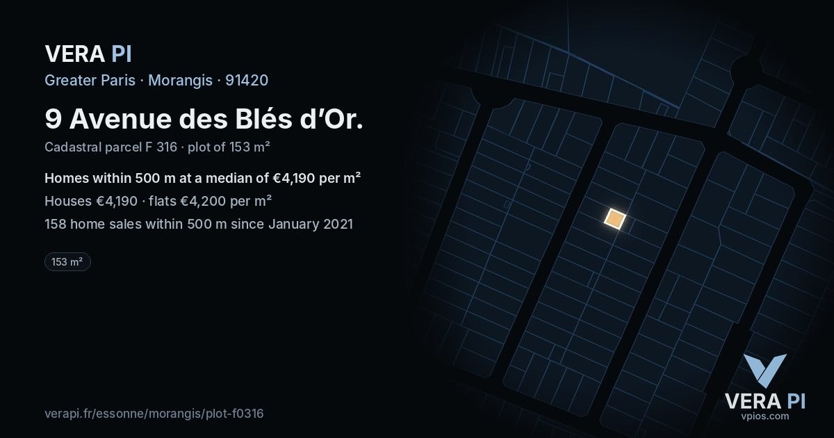 9 Avenue des Blés d’Or, Morangis at night – the plot lit, the parcels around coloured by the prices near them