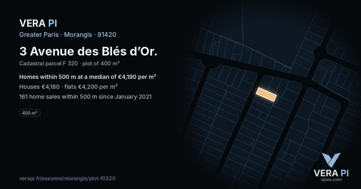 3 Avenue des Blés d’Or, Morangis at night – the plot lit, the parcels around coloured by the prices near them