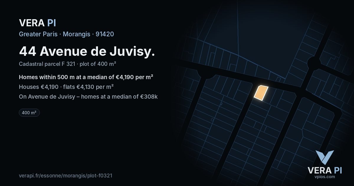 44 Avenue de Juvisy, Morangis at night – the plot lit, the parcels around coloured by the prices near them