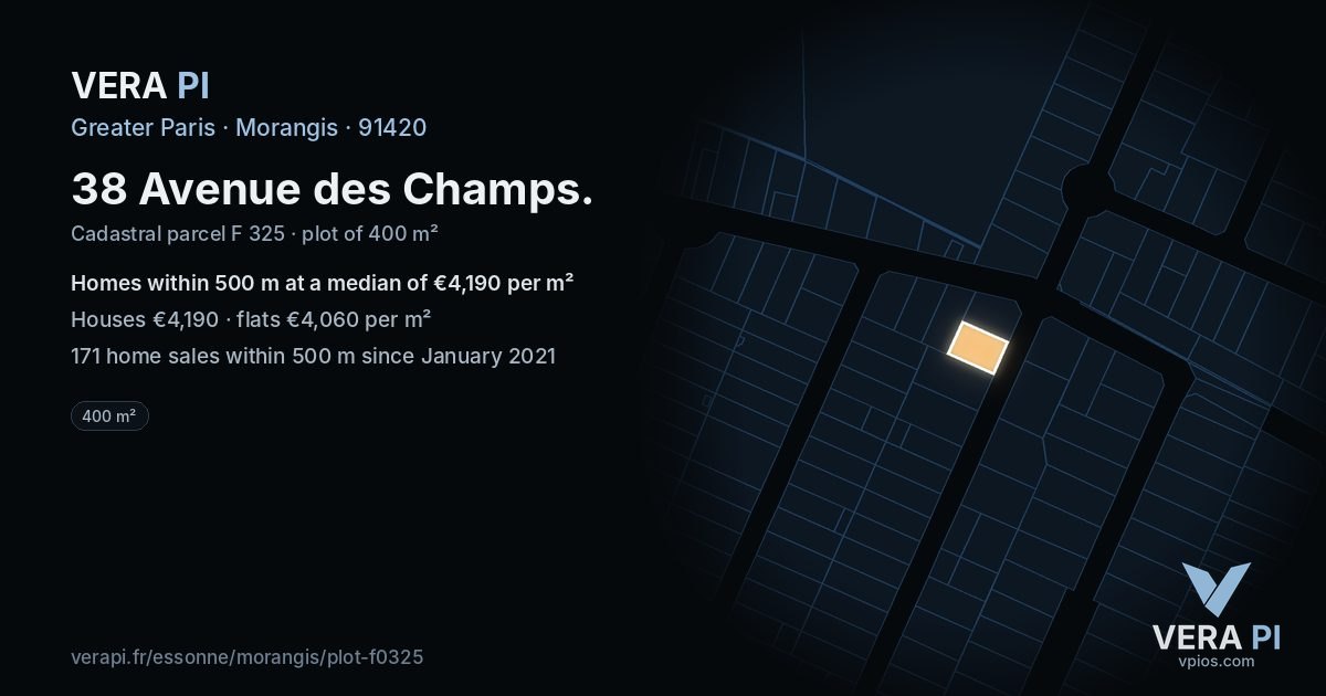 38 Avenue des Champs, Morangis at night – the plot lit, the parcels around coloured by the prices near them