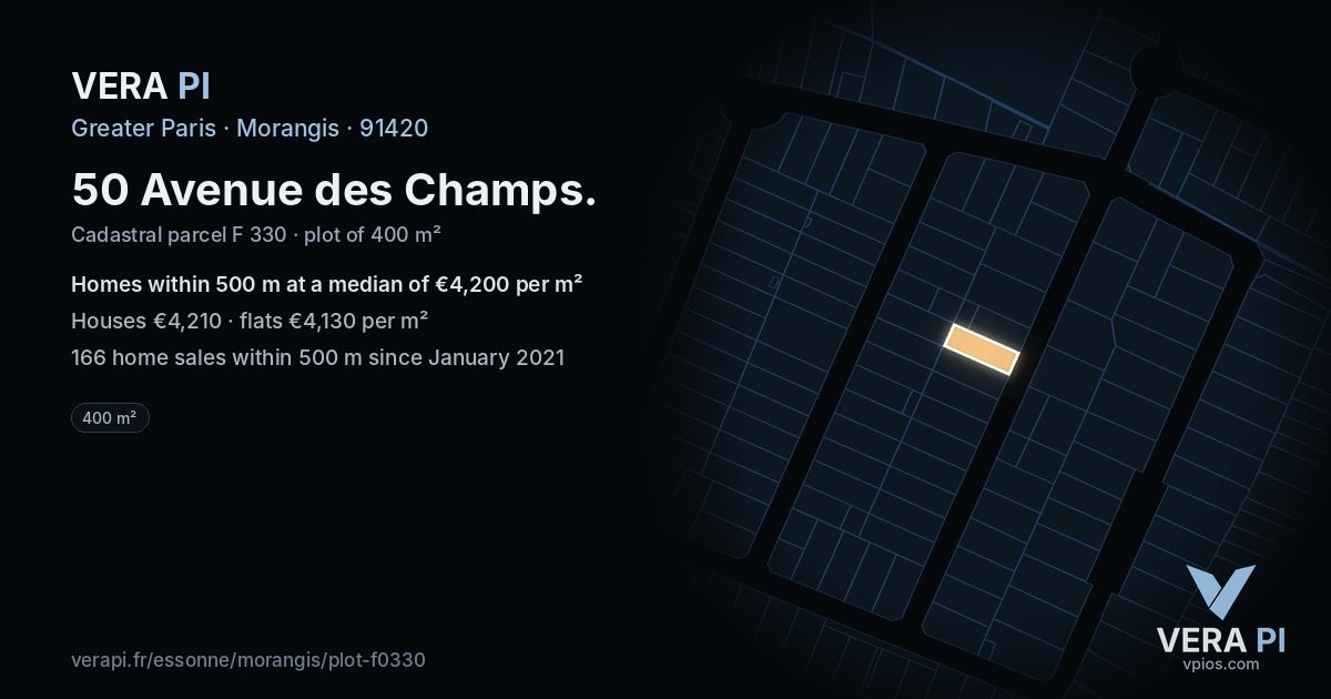 50 Avenue des Champs, Morangis at night – the plot lit, the parcels around coloured by the prices near them