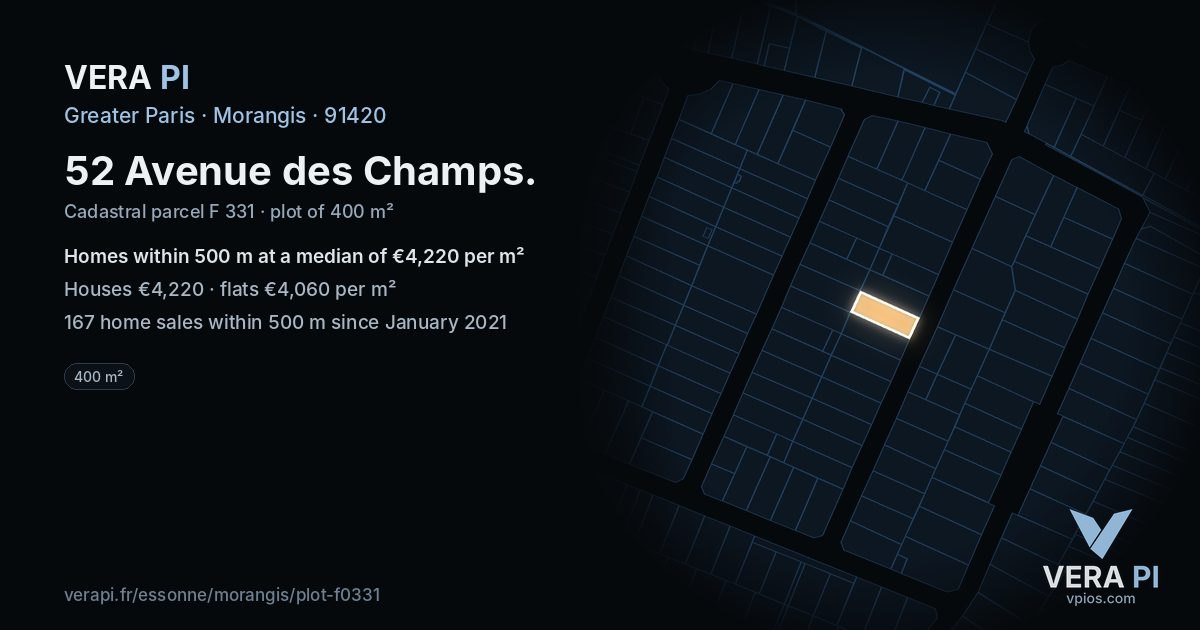 52 Avenue des Champs, Morangis at night – the plot lit, the parcels around coloured by the prices near them