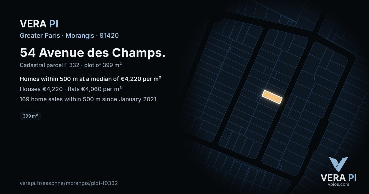54 Avenue des Champs, Morangis at night – the plot lit, the parcels around coloured by the prices near them