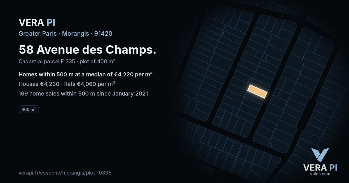 58 Avenue des Champs, Morangis at night – the plot lit, the parcels around coloured by the prices near them