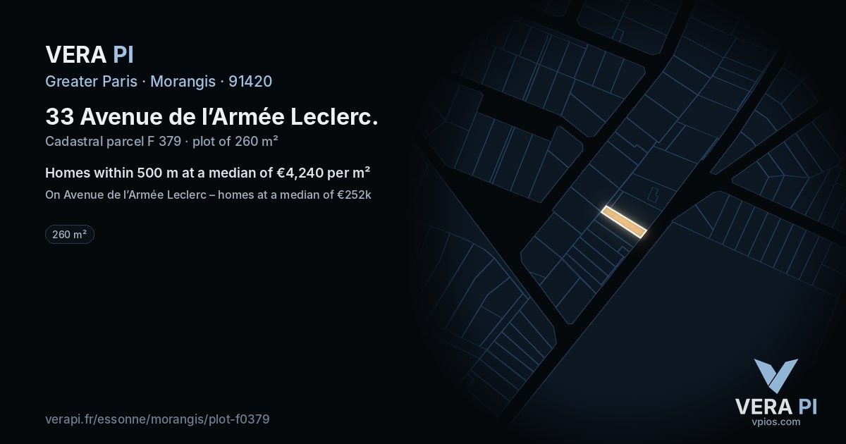 33 Avenue de l’Armée Leclerc, Morangis at night – the plot lit, the parcels around coloured by the prices near them
