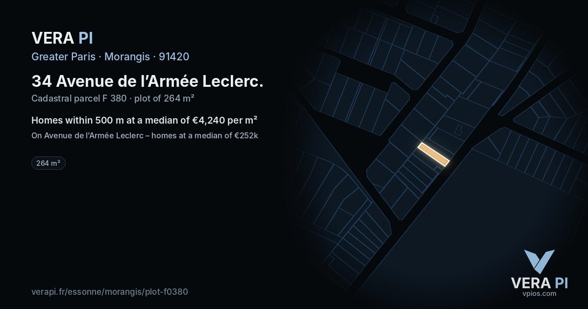 34 Avenue de l’Armée Leclerc, Morangis at night – the plot lit, the parcels around coloured by the prices near them