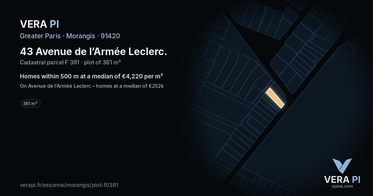 43 Avenue de l’Armée Leclerc, Morangis at night – the plot lit, the parcels around coloured by the prices near them