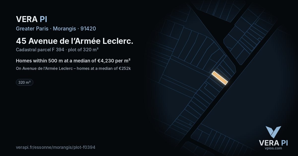 45 Avenue de l’Armée Leclerc, Morangis at night – the plot lit, the parcels around coloured by the prices near them