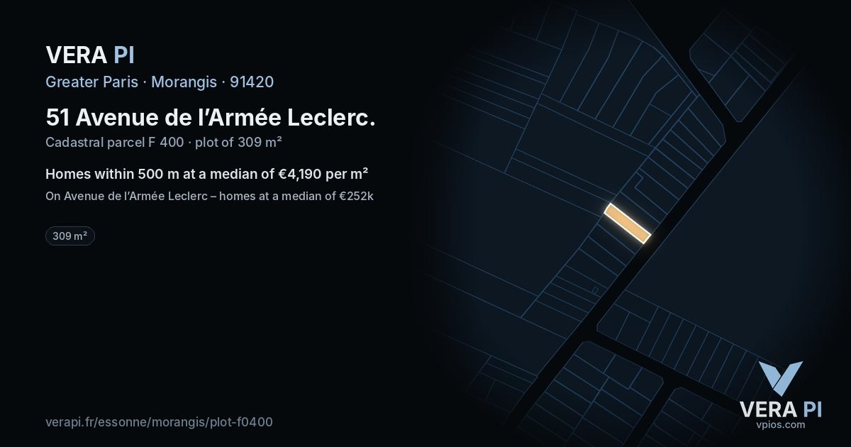 51 Avenue de l’Armée Leclerc, Morangis at night – the plot lit, the parcels around coloured by the prices near them