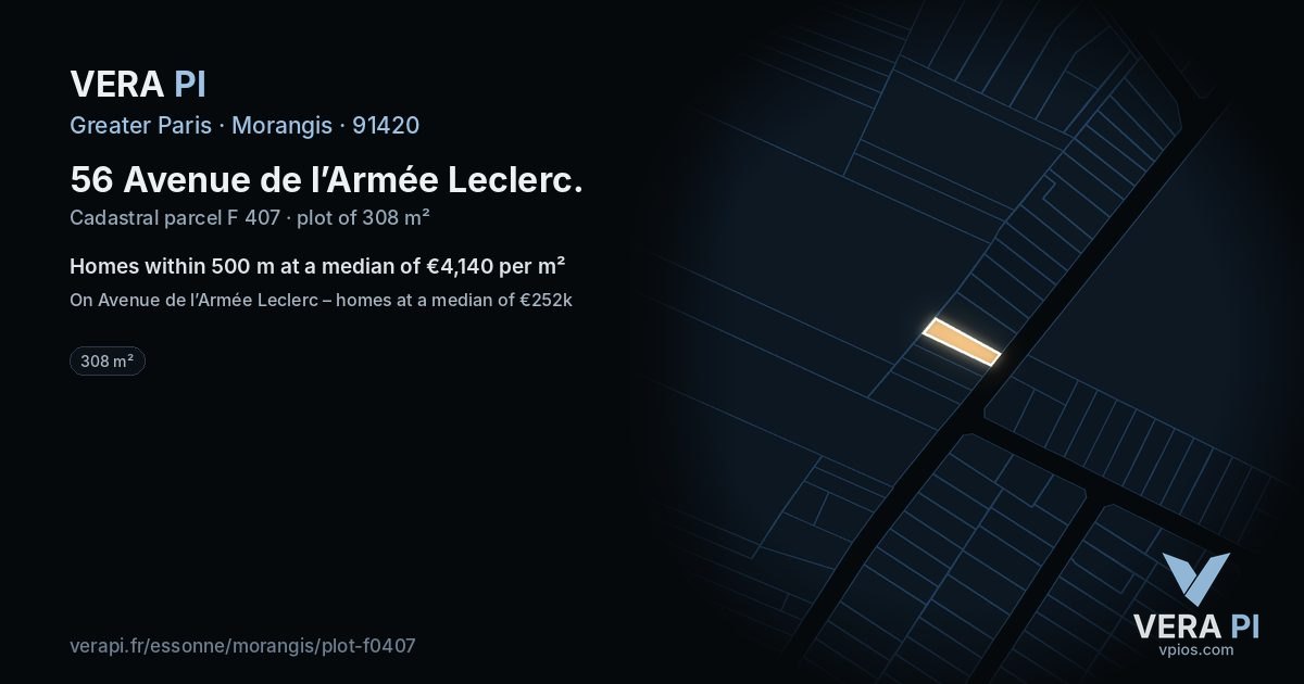56 Avenue de l’Armée Leclerc, Morangis at night – the plot lit, the parcels around coloured by the prices near them